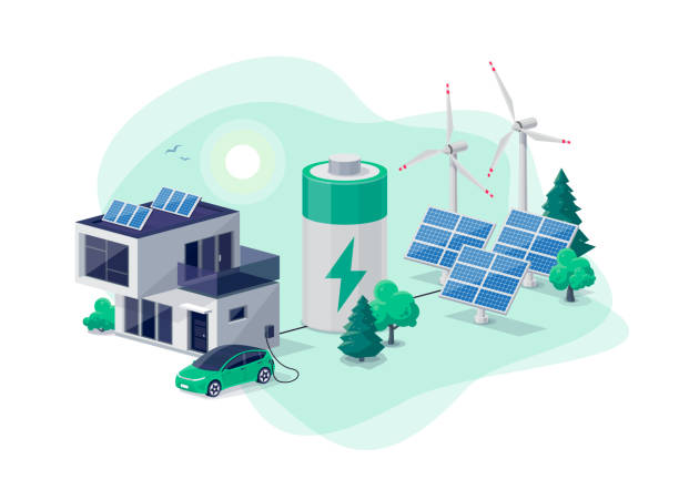 ilustraciones, imágenes clip art, dibujos animados e iconos de stock de almacenamiento de energía de batería virtual en el hogar con paneles solares y carga de automóviles eléctricos - energía renovable