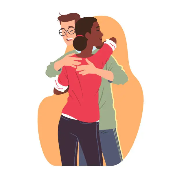 Vector illustration of Happy Caucasian man, African American woman multiracial couple in love or friends embracing. Family persons hugging meeting together. Romance, relationships, friendship flat vector illustration