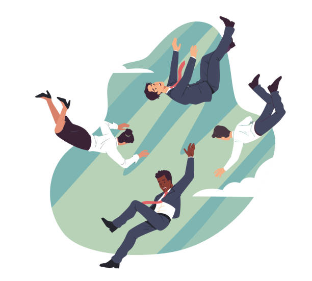 Business men, woman colleague team persons falling down from sky together during financial bankruptcy crisis. Entrepreneurship problem, venture or investment failure concept flat vector illustration Business men, woman colleague team persons falling down from sky together during financial bankruptcy crisis. Entrepreneurship problem, venture or investment failure concept flat style vector isolated illustration depression behavior businessman economic depression stock illustrations