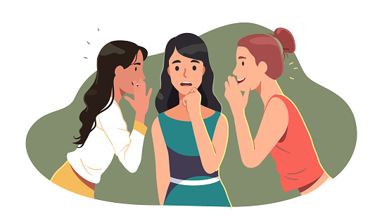 Young women friends whispering sharing secrets with surprised girl. Persons chatting, gossiping & discussing rumors together covering mouth. Friendship, communication privacy flat style vector isolated illustration