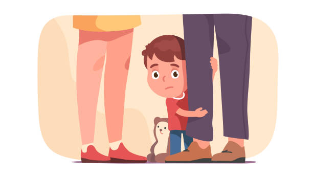 stressprobleme bei der kinderbetreuung. probleme mit der beziehung von familienelternpaaren, die den psychologischen psychischen zustand des kindes beeinflussen. verängstigter junge kind verstecken blick hinter vater bein. illustration flacher vektorzeich - schüchtern stock-grafiken, -clipart, -cartoons und -symbole