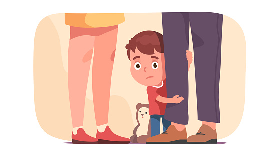 Childcare stress issues. Family parenting couple relationship problems affecting child psychological mental state. Scared boy kid hide peep out behind father leg. Flat style vector character isolated illustration