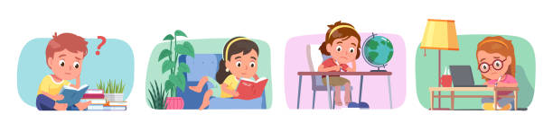 Confused students kids having difficulties doing homework, learning, studying set. Discouraged boys girls questioning. Sad children read, think hard at home. Education problem flat vector illustration Confused students kids having difficulties doing homework, learning, studying set. Discouraged boys girls questioning. Sad children read, think hard at home. Education problem flat style vector isolated illustration question mark depression sitting asking stock illustrations