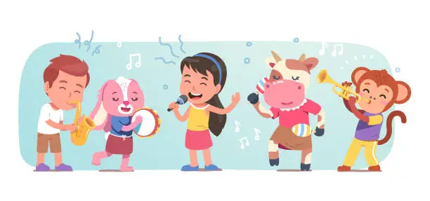 Vector illustration of Kids and animals music band singing song playing musical instruments. Cute fantasy concert. Funny cow, monkey, rabbit musicians costume performance concert party show. Flat vector cartoon character