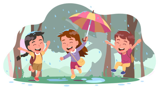 幸せな学校の学生の女の子、男の子の子供たちは雨の中でジャンプして一緒に遊んでいます。公園の森の自然の中で笑う傘を持つ笑顔の友人の子供たち。子供の頃の楽しみ、人々はフラット� - 男子生徒 イラスト点のイラスト素材／クリップアート素材／マンガ素材／アイコン素材