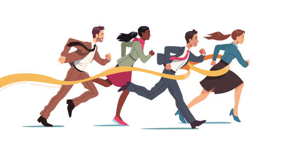 Business team run race crossing finish line ribbon Business people run race crossing finish line ribbon. Team leader finish first. Businessperson man, woman colleagues win race competition achieving success. Leadership concept flat vector illustration entrepreneur clipart stock illustrations