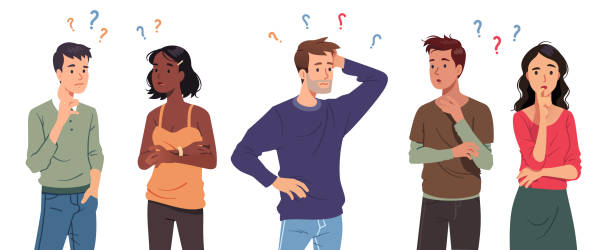 Questioning people men, women in doubt thinking Questioning people men, women in doubt thinking with question marks over scratching head. Confused thoughtful persons, touching chin, pondering. Confusion, contemplation set flat vector illustration worried man standing stock illustrations