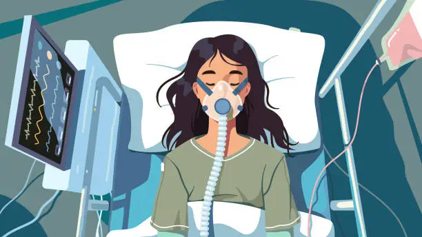 Vector illustration of Patient on ventilator life-support on hospital bed