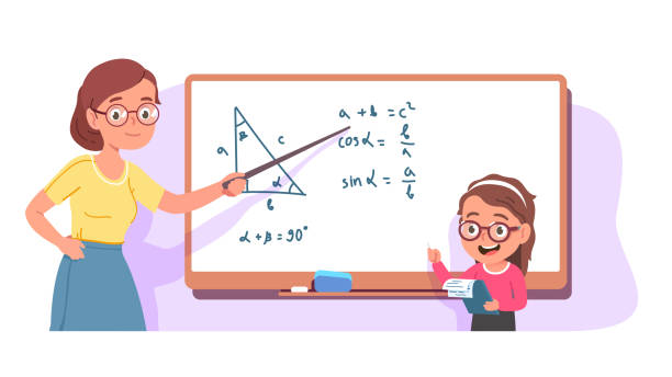 Teacher explaining geometry to student kid. Woman teaching girl trigonometry lesson showing formulas on whiteboard with pointer. Smiling child answering question flat vector character illustration Teacher explaining geometry to student kid. Woman teaching girl trigonometry lesson showing formulas on whiteboard with pointer. Smiling child answering question flat style vector character isolated illustration kids using smart board stock illustrations
