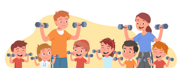 ilustrações, clipart, desenhos animados e ícones de treinador esportivo, mulher, pessoas treinando meninas e meninos crianças levantando halteres se exercitando. crianças saudáveis felizes fazendo exercícios de halterofilismo. atividade fitness, ilustração de vetor plano de bem-estar - sports training muscular build women body care