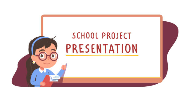 화이트 보드에서 학교 프로젝트를 발표 하는 학생 소녀 아이. 어린이 만화 캐릭터는 수업에서 화이트 보드에서 프리젠 테이션을 제공합니다. 교육, 연구, 학습, 지식 플랫 벡터 일러스트레이션 - presentation poster student classroom stock illustrations