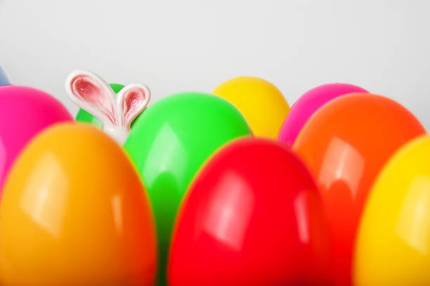 Lots of colorful eggs and rabbit ears..