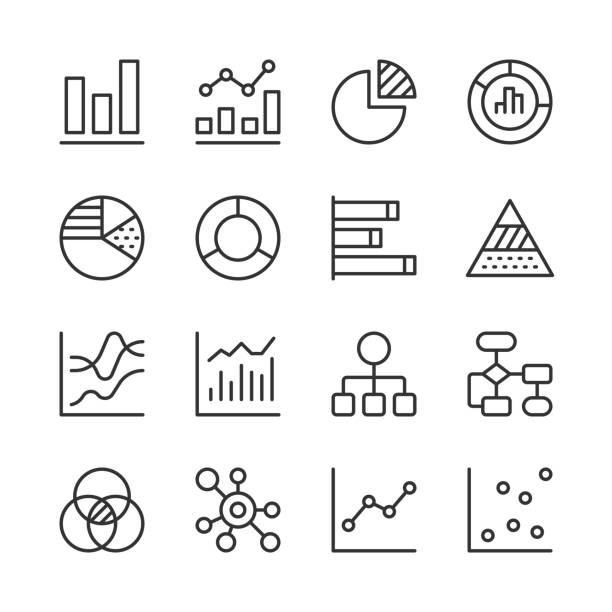 ilustraciones, imágenes clip art, dibujos animados e iconos de stock de infografía iconos 1 — serie monoline - flow chart analytics chart diagram