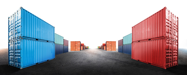 Containers box isolated on white background from cargo freight ship in dockyard with copy space, logistics import export business concept