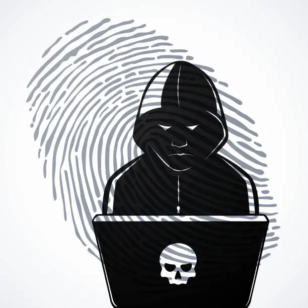 Vector illustration of Hacker silhouette using computer with fingerprint