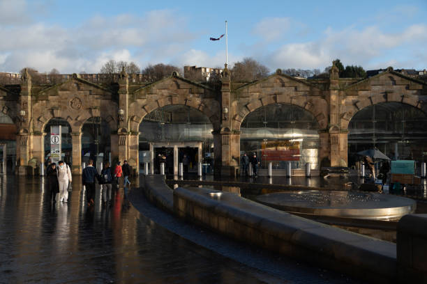 Sheffield, UK - Dec. 08, 2021: General view of the entrance area of the Sheffield Railway Station building, from Sheaf Square