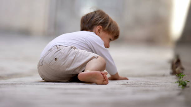 Little boy falling on the ground and getting up child stands up stock photo