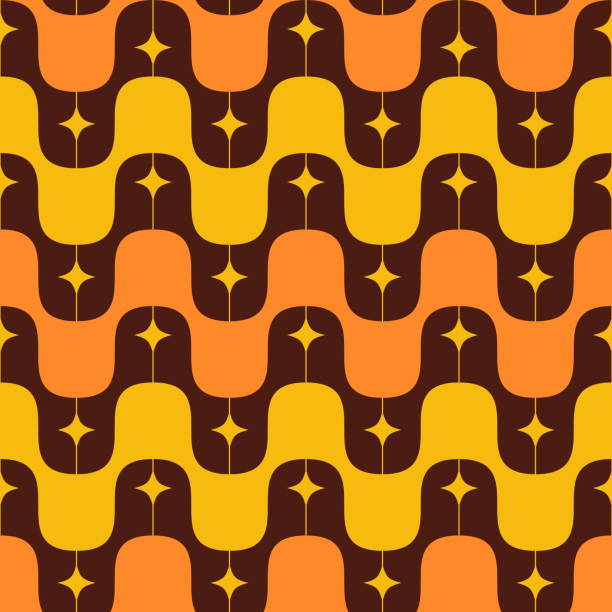 grooviges retro-muster der 1960er und 1970er jahre mit wellenlinien und sternen. orange, gelb und braun geometrisches nahtloses wiederholungsdesign. - mod stock-grafiken, -clipart, -cartoons und -symbole