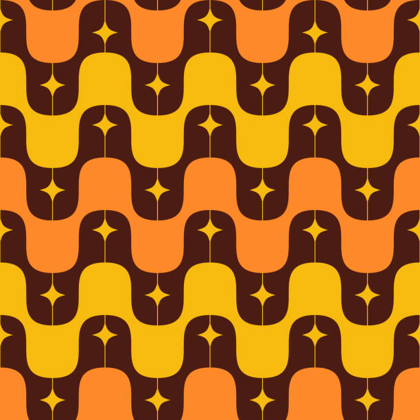 Groovy 1960s And 1970s Retro Pattern With Wavy Lines And Stars. Orange, Yellow And Brown Geometric Seamless Repeat Design. Groovy 1960s And 1970s Retro Pattern With Wavy Lines And Stars. Orange, Yellow And Brown Geometric Seamless Repeat Design. mod stock illustrations