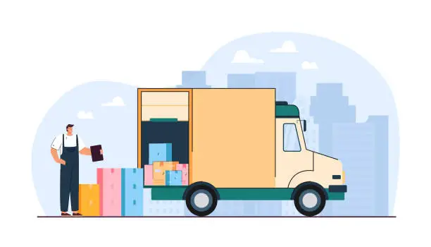 Vector illustration of Delivery man unloading boxes from van flat vector illustration