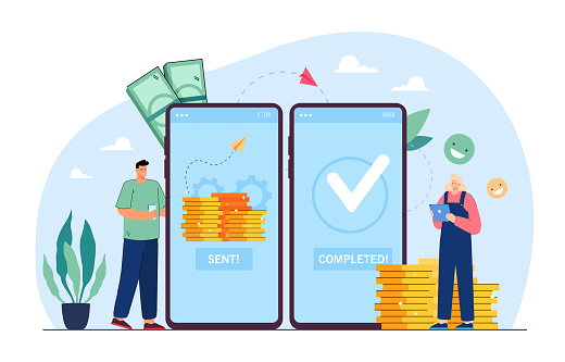 Mobile payment transfer flat vector illustration. Tiny man and woman sending and receiving money wireless, doing remittance with help of smartphone. Bank deposit, cashless, business concept