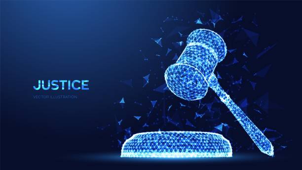 istock Judge gavel and soundboard. Justice concept. Abstract low polygonal 3D Judge hammer. Judicial ceremonial gavel of the chairman, for passing sentences and bills, court, auction. Vector illustration. 1383947714
