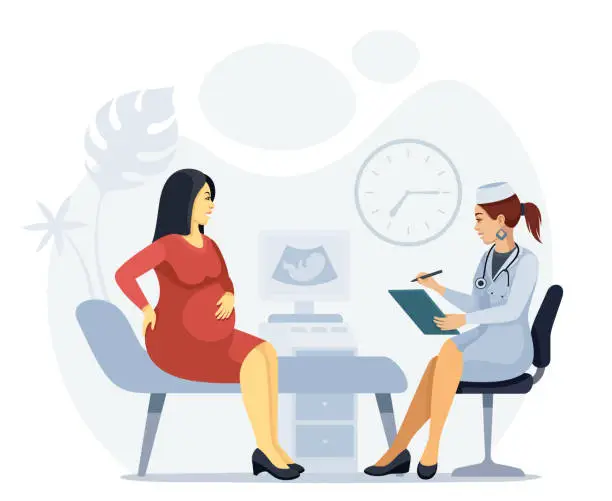 Vector illustration of Asian pregnant woman visiting doctor.