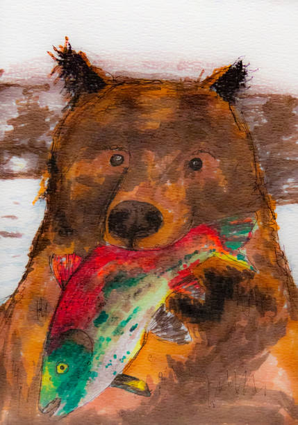 ilustrações de stock, clip art, desenhos animados e ícones de brown bear holds a fish in its teeth against the backdrop of a river - alaskan salmon