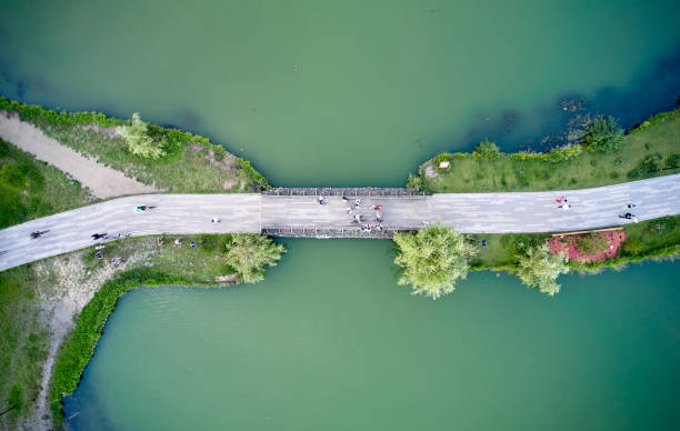 People are walking through the footbridge over pond aerial view Top down aerial view of the pedestrian bridge in the middle of the pond in the park. People are moving through footbridge photos stock pictures, royalty-free photos & images