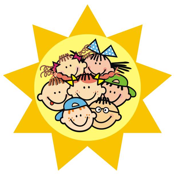 illustrations, cliparts, dessins animés et icônes de happykids au soleil, bannière, eps. - little girls only child babies and children people