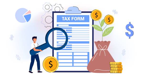 ilustrações, clipart, desenhos animados e ícones de preenchimento de imposto de análise de dados financeiros retorno de pagamento de impostos online como documento para iva - tax tax form receipt refund