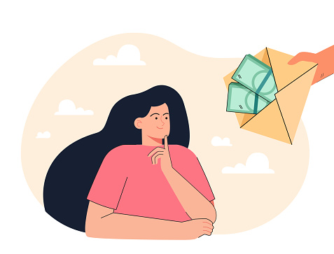 Hand offering businesswoman envelope with money