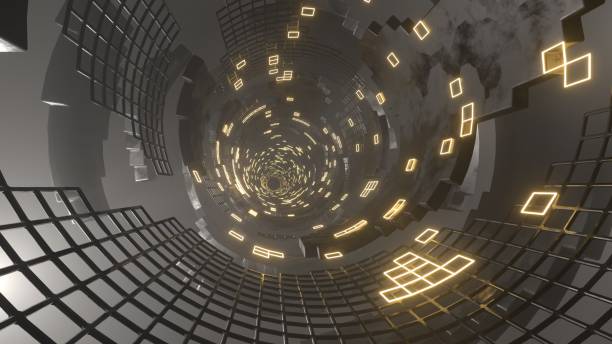istock 3D Rendering. Flight in abstract sci-fi tunnel. Futuristic motion graphics, high tech background 1383955832