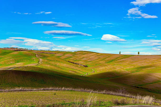 les collines du val d’orcia - siena province tuscany italy fog photos et images de collection