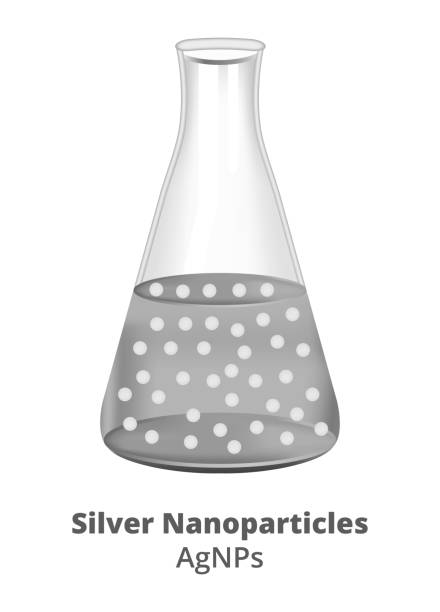 Vector scientific illustration or icon of silver nanoparticles AgNPs. Solution of colloidal silver ions in Erlenmeyer flask isolated on white. Dispersion in distilled water. Vector scientific illustration or icon of silver nanoparticles AgNPs. Solution of colloidal silver ions in a conical narrow neck Erlenmeyer flask isolated on a white background. Dispersion in distilled water. colloid stock illustrations