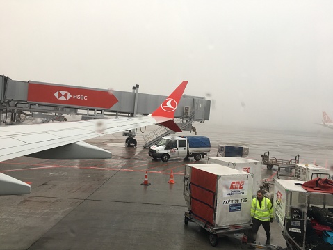 12/29/2021-Istanbul/Turkey: Turkish Airlines Airplane is ready for take off to fly to Riga-Latvia in Istanbul Airport.