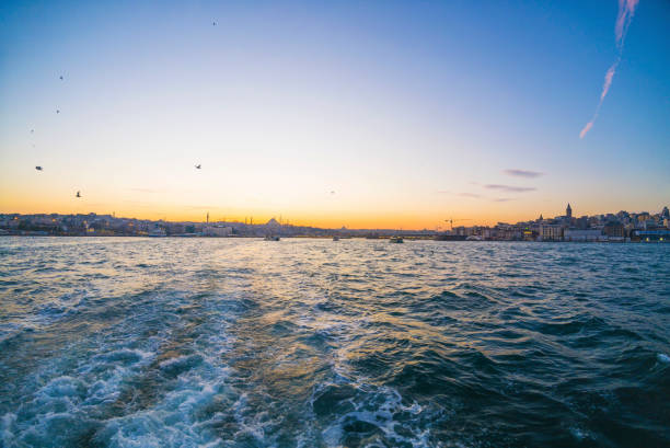 Cityscape of Istanbul view behind of steamboat vapur stock photo