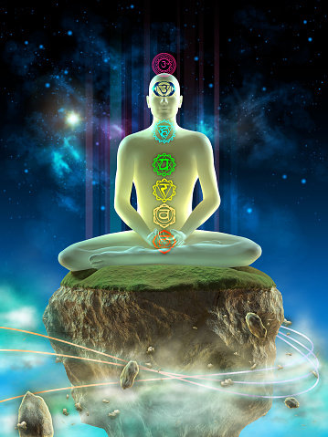 Man meditating in an imaginary landscape. Chakra points visible on his body. Digital illustration.