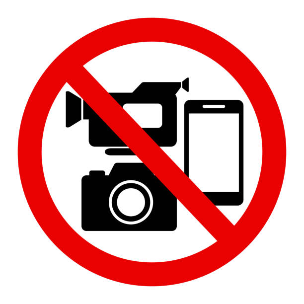 prohibition of taking photos, filming and using the phone prohibition of taking photos, filming and using the phone warning sign photos stock illustrations