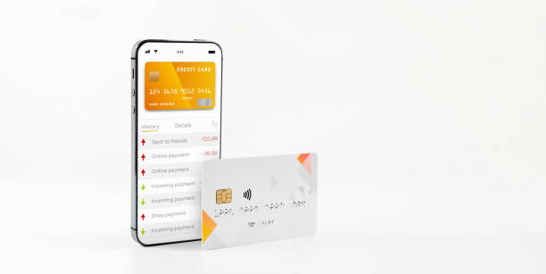 istock Mobile banking network. Smartphone with internet online bank application. Debit card on white background. Save currency money wallet. 1383962584