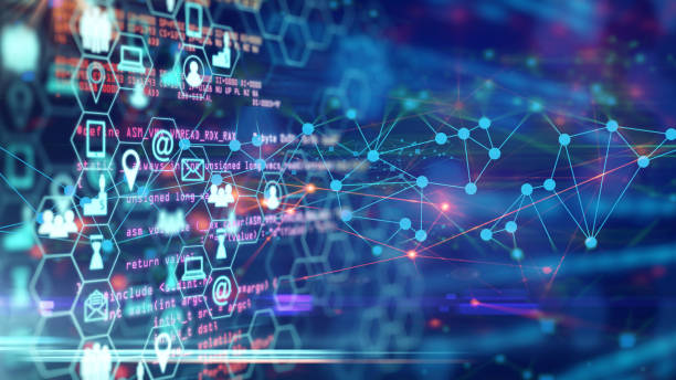 les icônes technologiques transfèrent des données via des codes de programmation - customized photos et images de collection