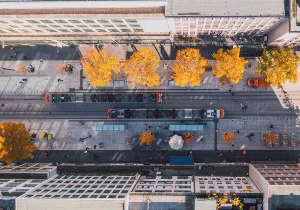 Urban view above the German autumn street Aerial urban view above the German autumn street full of life with yellow trees squeezing between asphalt, city trams passing each other and people taking a walk or shopping. Mannheim, Germany. mannheim stock pictures, royalty-free photos & images