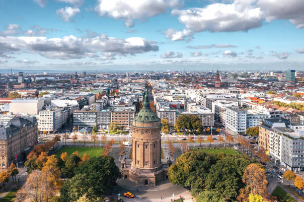 Cityscape of Mannheim, Germany Autumn aerial cityscape of Mannheim city, Baden-Württemberg, Germany. Friedrichsplatz with the Mannheim Water Tower (Wasserturm) in the foreground mannheim stock pictures, royalty-free photos & images