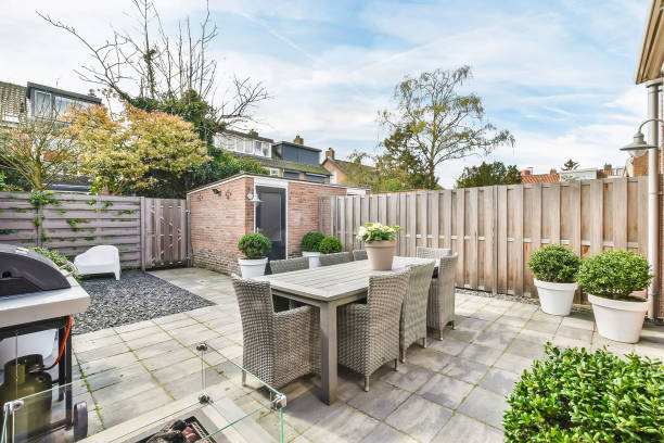 istock The backyard with wicker furniture 1383965427