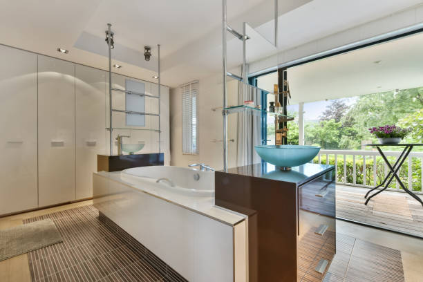 istock Bathroom with an open design and a cozy bathtub 1383965568