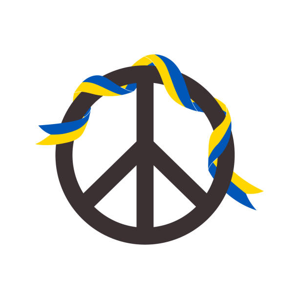 ilustraciones, imágenes clip art, dibujos animados e iconos de stock de símbolo de paz con cinta de bandera ucraniana, ilustración vectorial plana aislada sobre fondo blanco. - isolated despair hope assistance