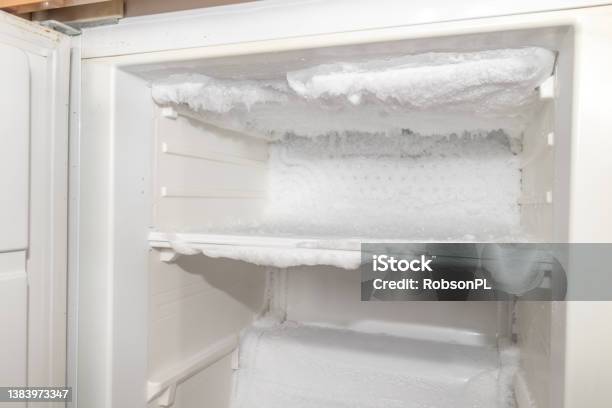 Ice Inside A Fridge Defrosting Freezer Stock Photo - Download Image Now - Refrigerator, Frost, Ice