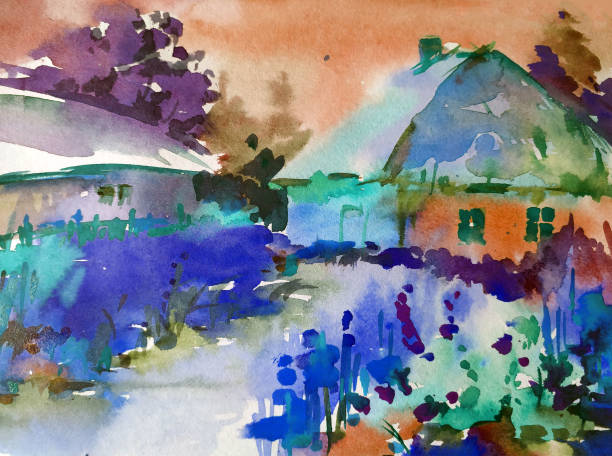 istock Watercolor colorful bright textured abstract background handmade . Mediterranean landscape . Painting of architecture and vegetation of the sea coast, Ukraine 1383973557