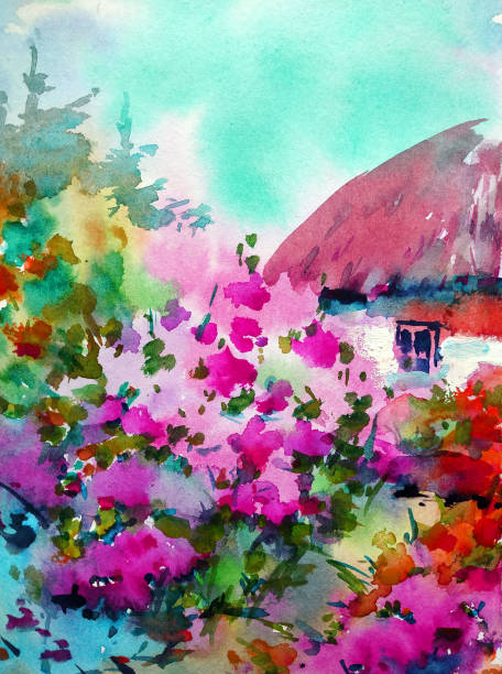 istock Watercolor colorful bright textured abstract background handmade . Mediterranean landscape . Painting of architecture and vegetation of the sea coast, Ukraine 1383973669
