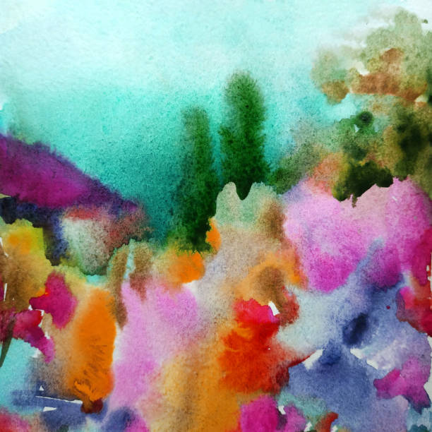 istock Watercolor colorful bright textured abstract background handmade . Mediterranean landscape . Painting of architecture and vegetation of the sea coast, Ukraine 1383974511